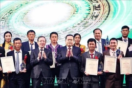国会主席陈青敏与优秀农民们合影。图自越通社