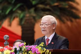 阮富仲总书记在越南共产党第十三次全国代表大会开幕式上发表讲话。图自越通社