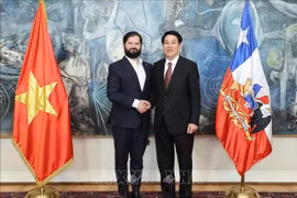越南国家主席梁强（右）与智利总统博里奇握手。图自越通社