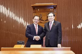 国会主席陈青敏（右）与新加坡国会议长谢健平举行会谈。图自越通社