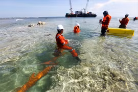 越过海底26公里后，工程师们把电缆安全接岸 (图片来源：越南画报）