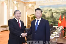 中共中央总书记、国家主席习近平在人民大会堂亲切会见丁世兄一行。（图片来源：越通社）