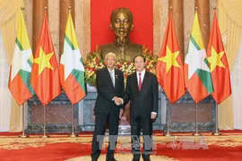 陈大光欢迎吴廷觉访越。（图片来源：越通社）