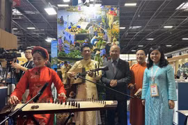 在越南展位举行的民族音乐演出活动。图自越通社