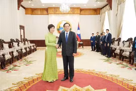 越南通讯社党委书记、社长武越庄与老挝总理宋赛·西潘敦。图自越通社