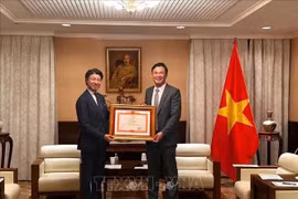 越南驻日本大使范光校向日本众议院议员青柳阳一郎颁发越南政府总理的奖状。图自越通社
