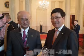 出席工作晚宴的范平明副总理与国际原子能机构总干事天野之弥。