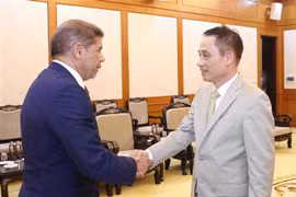 黎怀忠部长（右）与多米尼加农业部长林韦尔·克鲁斯亲切握手。图自越通社