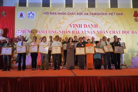 向各名致力于橙毒剂受害者模范代表颁发送奖状。（图片来源：越共电子报）