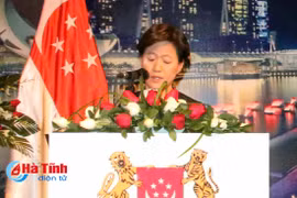 新加坡驻越南大使凯瑟琳•王在招待会上发表讲话。（图片来源：http://baohatinh.vn）