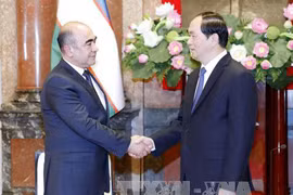 越南国家主席陈大光在主席府会见乌兹别克斯坦副总理兼农业与水资源部部长米尔扎耶夫（图片来源：越通社）