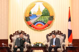 老挝总理通伦·西苏里（右）会见越南政府特别工作委员会主任黎瞻。