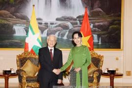 阮富仲总书记（左）与昂山素季举行会晤。