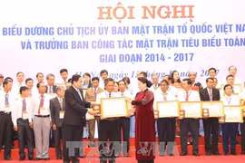 越南国会主席阮氏金银向全国乡级祖国阵线委员会主席和阵线工作委员会优秀主任授予政府总理奖状。（图片来源：越通社）