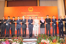 外交部副部长黎怀忠，越南驻新加坡大使阮进明同东盟国家代表合影。（图片来源：越通社）