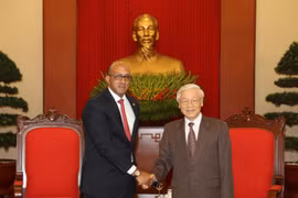 越共中央总书记阮富仲（右）会见古巴驻越南大使埃米尼奥•洛佩斯•迪亚兹。（图片来源：越通社）