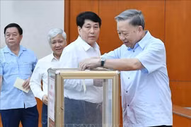 苏林出席抗洪救灾慈善捐赠活动启动仪式并捐款。图自越通社