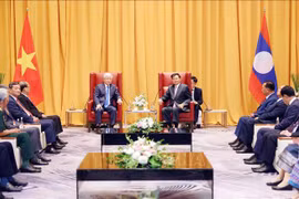 老挝人民革命党中央总书记、国家主席通伦·西苏里会见越南祖国阵线中央主席杜文战率领的越南祖国阵线中央委员会和越老友好协会代表团。图自越通社