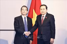 越南国会主席陈青敏会见长崎-越南友好协会主席富冈努。图自越通社