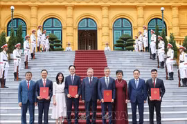 苏林总书记、国家主席与越南驻联合国及其他国家大使合影。图自越通社