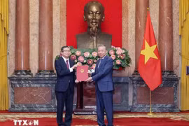 苏林总书记、国家主席向范青平大使颁发任命书。图自越通社