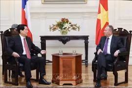 越南国家主席梁强会见智利参议院参议长何塞·加西亚·鲁米诺特。图自越通社