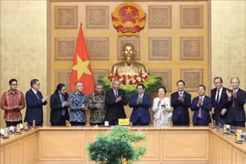 越南政府总理范明政在政府总部会见东盟商业咨询理事会主席代表团。图自越通社