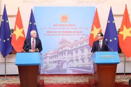 越南外交部长裴青山（右）与欧盟委员会副主席博雷利在会谈后共同会见记者，通报会谈结果。图自越通社