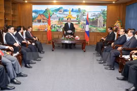 越南国家主席陈大光与老挝占巴塞省若干领导人举行工作会议。（图片来源：越通社）