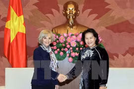 越南国会副主席阮氏金银与法国国民议会外交委员会主席伊丽莎白•吉古 （图片来源：越通社）