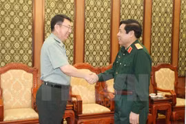 越南国防部长冯光青大将会见中国驻越南大使馆武官甄中兴大校