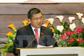 越南国会常务委员会委员、经济委员会主任阮文酉发表有关决议的报告（图片来源：越通社）
