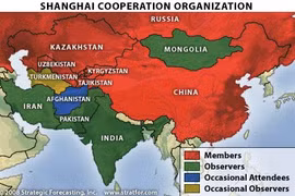 上海合作组织成员和观察员地图（图片来源：Strategic Forecasting, Inc）