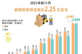 图表新闻：2021年前11月越南贸易顺差额达2.25亿美元