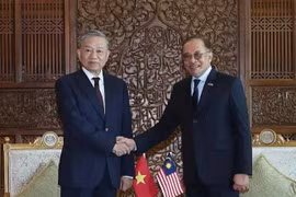 越共中央总书记苏林与马来西亚总理安瓦尔·易卜拉欣。图自越通社