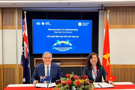 越南国家证券委员会主席武氏真芳与澳大利亚证券和投资委员会主席乔•朗戈签署了合作谅解备忘录。图自越通社