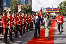 越南国会主席陈青敏欢迎仪式在柬埔寨首都金边举行。图自越通社