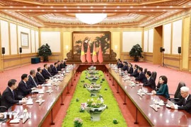 越南政府总理范明政会见中共中央总书记、国家主席习近平。图自越通社