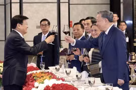 越南国家主席苏林与老挝人民革命党中央总书记、国主席通伦举杯庆祝越老关系的良好发展。图自越通社