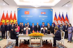 越南外交部党委与柬埔寨人民党中央对外委员会签署合作协议。 图自越通社