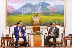老挝人民革命党中央政治局委员、中央书记处常务书记维莱·拉坎丰上将会见越共中央委员、越南公安部副部长、越老公安合作会议主席黎国雄上将 图自越通社