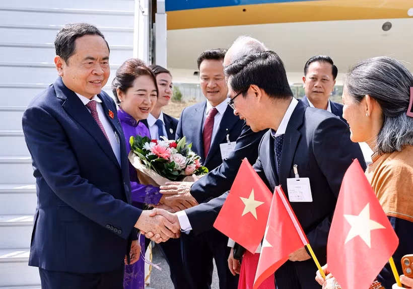 越南驻瑞士大使馆工作人员和旅瑞越南人来到机场迎接陈青敏一行。图自越通社