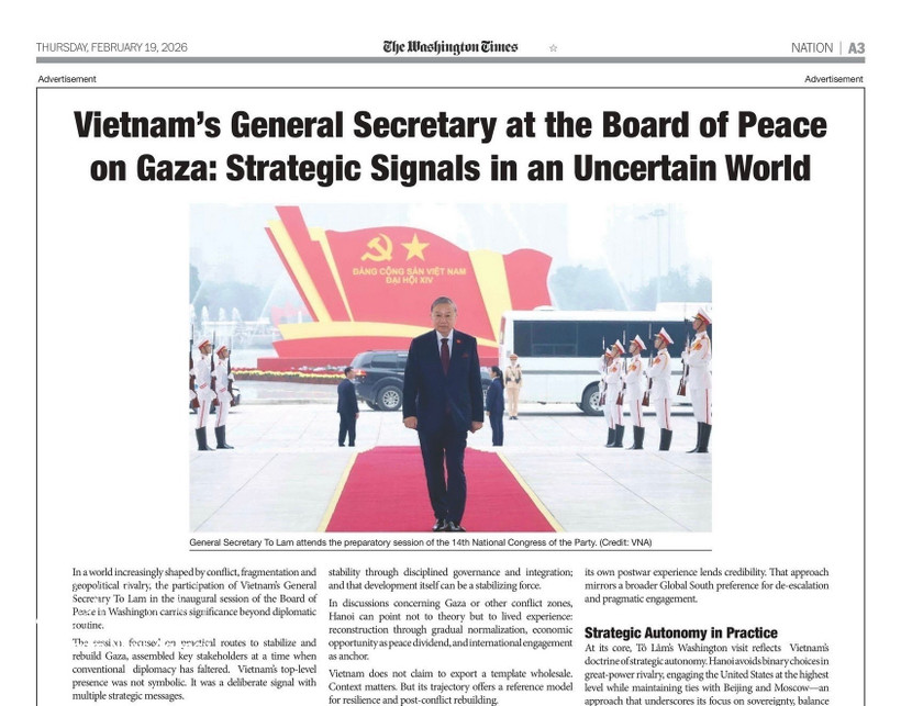 2月19日出版的《华盛顿时报》（The Washington Times）发表文章。图片来源：越通社