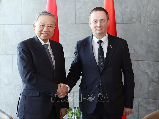 越共中央总书记苏林与白俄罗斯总理图尔钦亲切握手。图自越通社