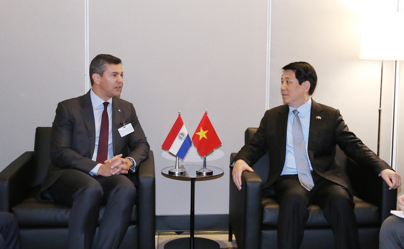 越南国家主席梁强会见巴拉圭总统圣地亚哥·培尼亚·帕拉西奥斯。图自越通社