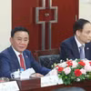 越共中央政治局委员、中央书记处常务书记陈锦秀在与老挝人民革命党中央政治局委员、中央书记处常务书记维莱·拉坎丰举行的会谈上发表讲话。图自越通社