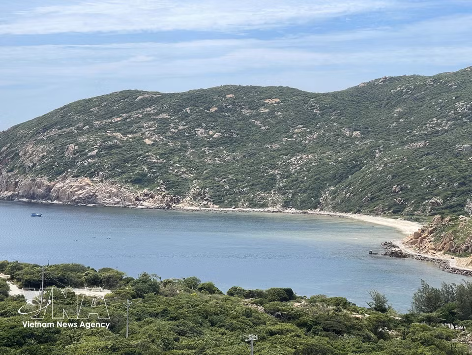 白色沙滩沿着伸出海面的山脉绵延，构成壮丽景色。图自越通社