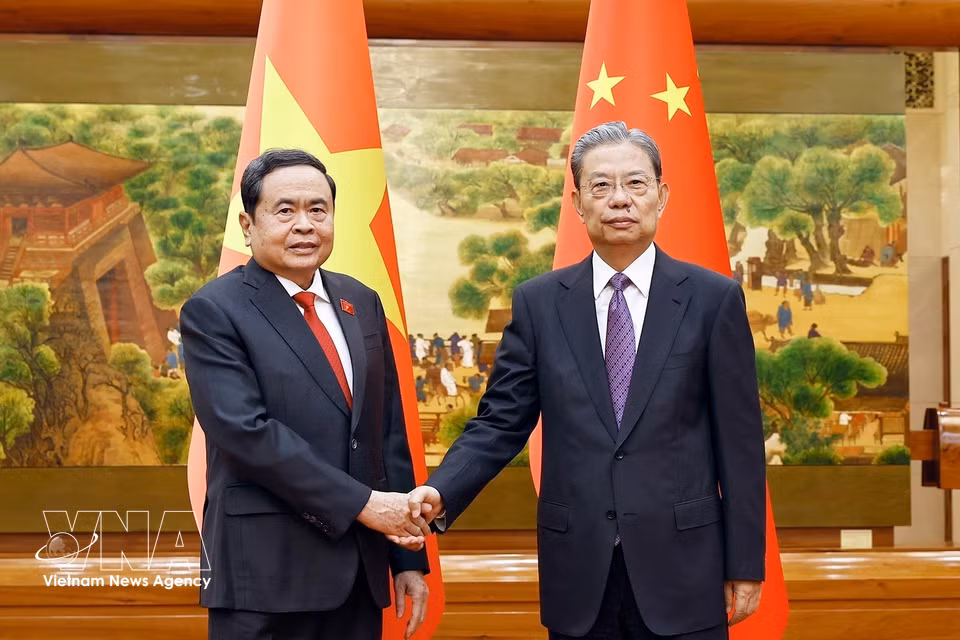 越南国会主席陈青敏与中共中央政治局常委、全国人大常委会委员长赵乐际合影。图自越通社