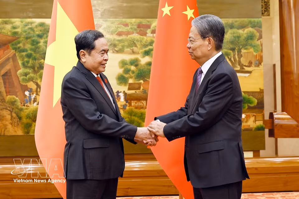 中共中央政治局常委、全国人大常委会委员长赵乐际迎接越南国会主席陈青敏。图自越通社