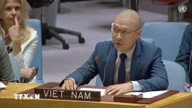 越南常驻联合国代表团副团长阮黄元出席辩论会。图自越通社 bao-ve-tre-em2-1184.jpeg.webp